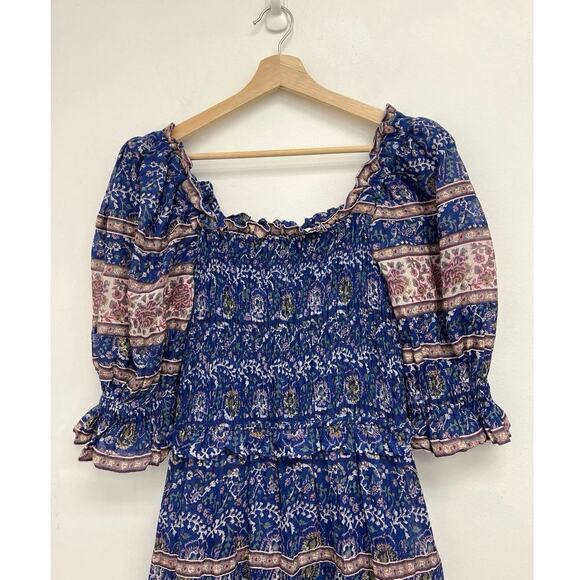 SEA New York Rosita Smocked Square Neck Puff-Sleeve Cotton Print Midi Dress XS - Picture 5 of 13